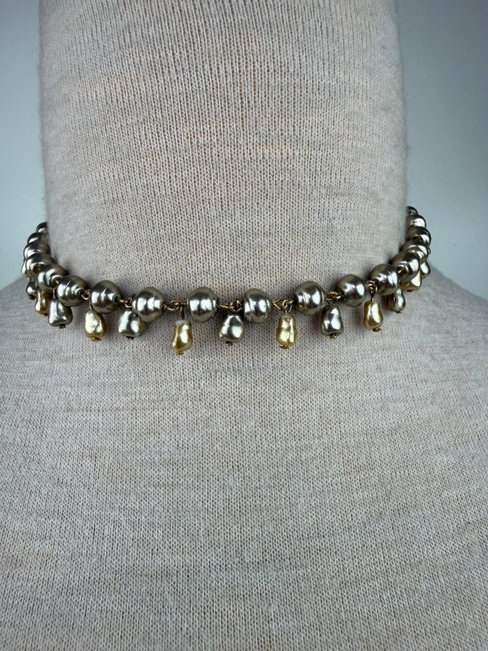 Champagne Faux Pearl Drop Link Necklace 16" Toggle Clasp